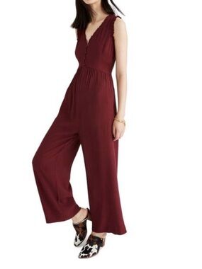 Madewell ruffle neck button front Jumpsuit in Cabernet size 4